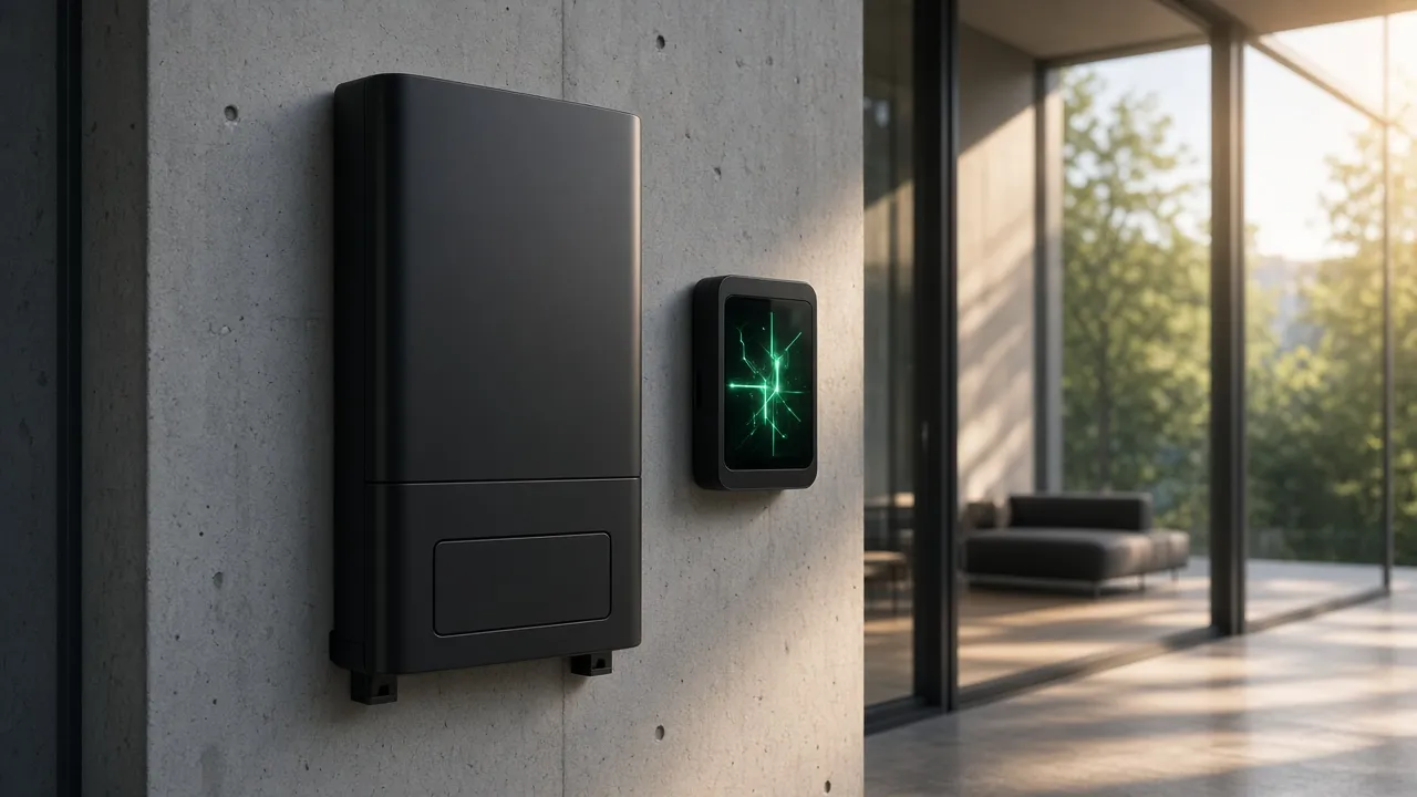 Stekkerbatterij en energiedisplay aan een betonnen muur